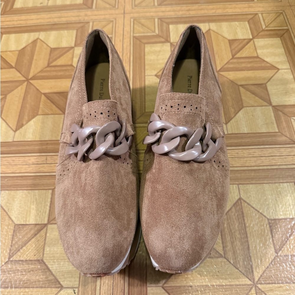 Pierre Dumas Tan Suede-like Paloma Platform Loafers with Chain Accent
